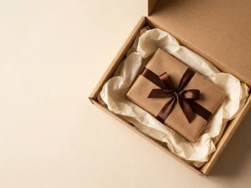 Chocoladecadeauverpakking in open kraftpapieren verzenddoos, omgeven door ivoor zijdepapier, bovenaanzicht met warme natuurlijke belichting.