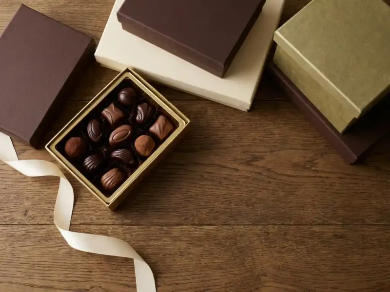 Premium chocolade cadeaudozen op eiken ondergrond, één geopend met glanzende pure en melkchocolade, zachte lint ernaast.