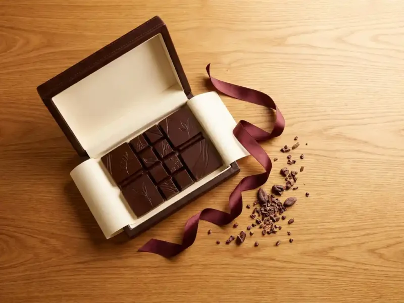 Open luxe chocoladecadeau doos met glanzende pure chocolaatjes met reliëfprint op warm eiken ondergrond, versierd met lint en cacaonibs.