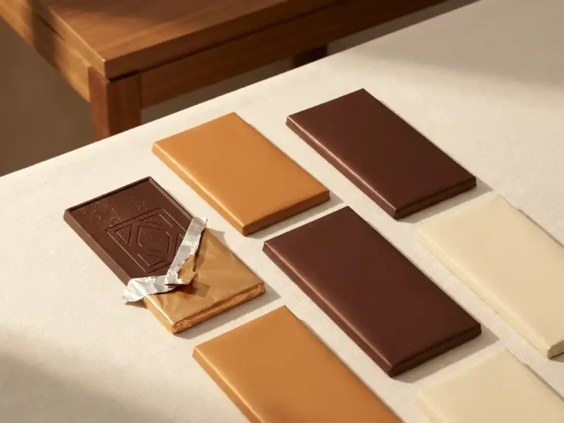 Luxe branded chocoladerepen op ivoren linnen bij een beurskraam, één uitgepakt met aangepast design, warme karamel- en bruintinten.