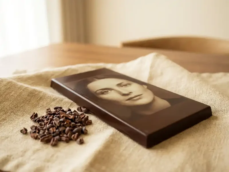 Glanzende pure chocoladereep met eetbaar portret op linnen doek, omringd door cacaonibs in zacht natuurlijk zijlicht.