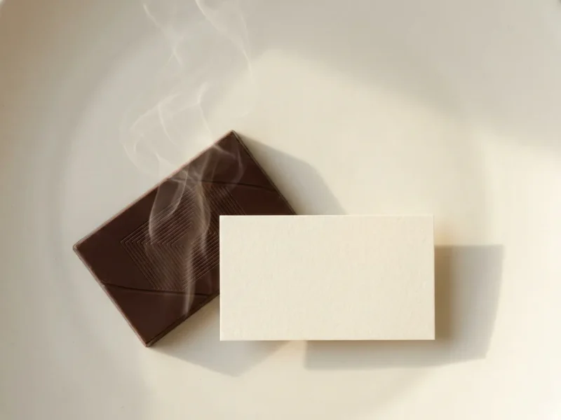 Eine aufgeklappte Tafel Zartbitterschokolade auf elfenbeinfarbenem Hintergrund neben einer minimalistischen Visitenkarte, von oben fotografiert in warmen Braun- und Goldtönen.