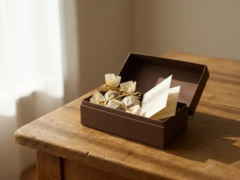 Kleine Geschenkbox mit personalisierten Pralinen und einer handgeschriebenen Karte auf einer warmen Eichenholzoberfläche in sanftem, natürlichem Licht.