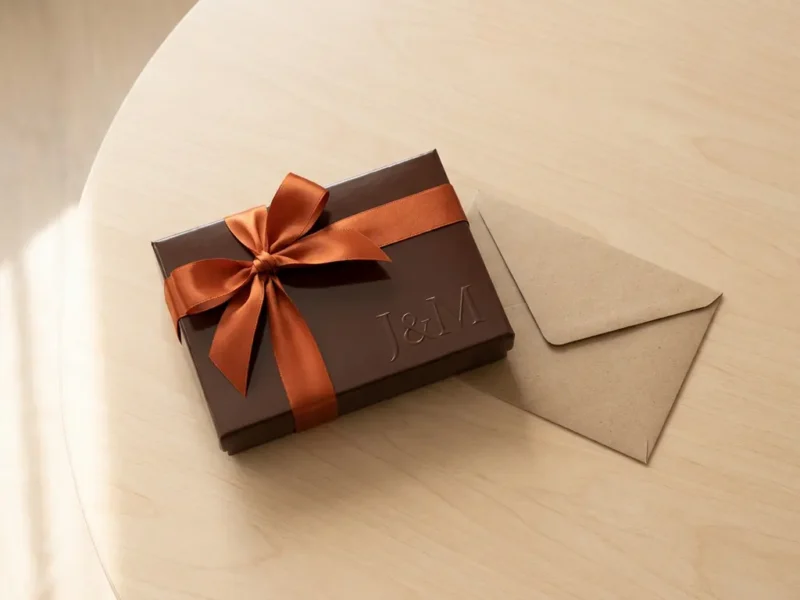 Personalisierte Schokoladen-Geschenkbox mit Schleife auf hellem Holzuntergrund neben einem Kraftumschlag, Draufsicht.