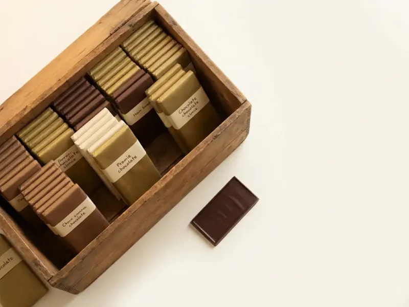 Holzkiste, gefüllt mit personalisierten Schokoladentafeln in warmen Karamell- und Elfenbeintönen, daneben liegt eine ausgepackte Tafel auf einer cremeweißen Unterlage.