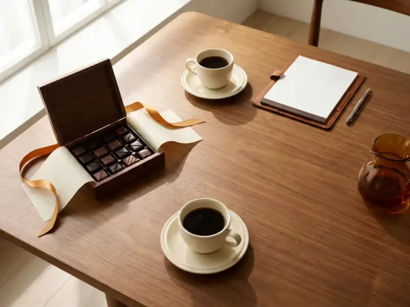 Houten vergadertafel met twee kopjes koffie en een open luxe chocoladecadeau met donkere en melkchocolade stukken, bovenaanzicht.
