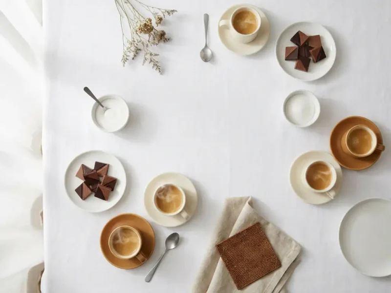 Belgische chocoladestukjes naast dampende espressokopjes op wit linnen bij een verzorgd koffiestation op een bedrijfsevenement.