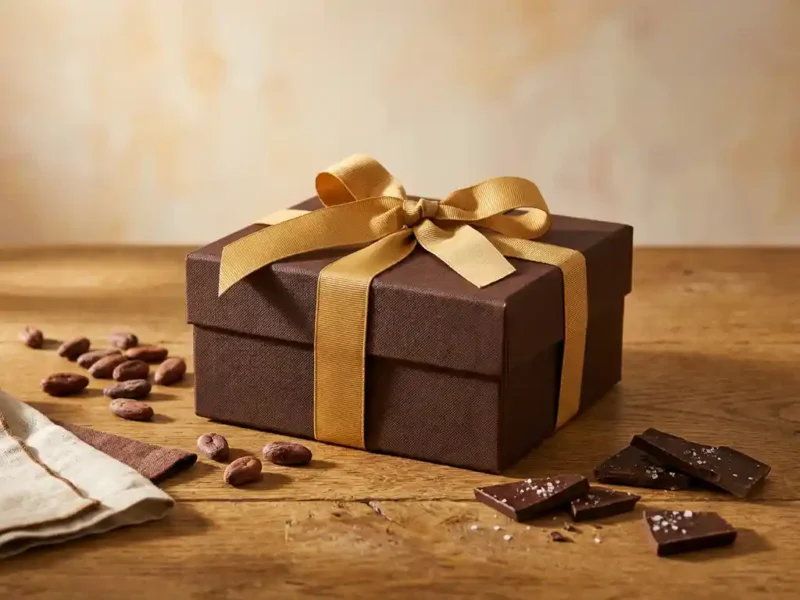 Luxueuze donkere chocolade geschenkdoos met gouden lint op eiken ondergrond, omringd door cacaobonen en gebroken chocoladestukjes.