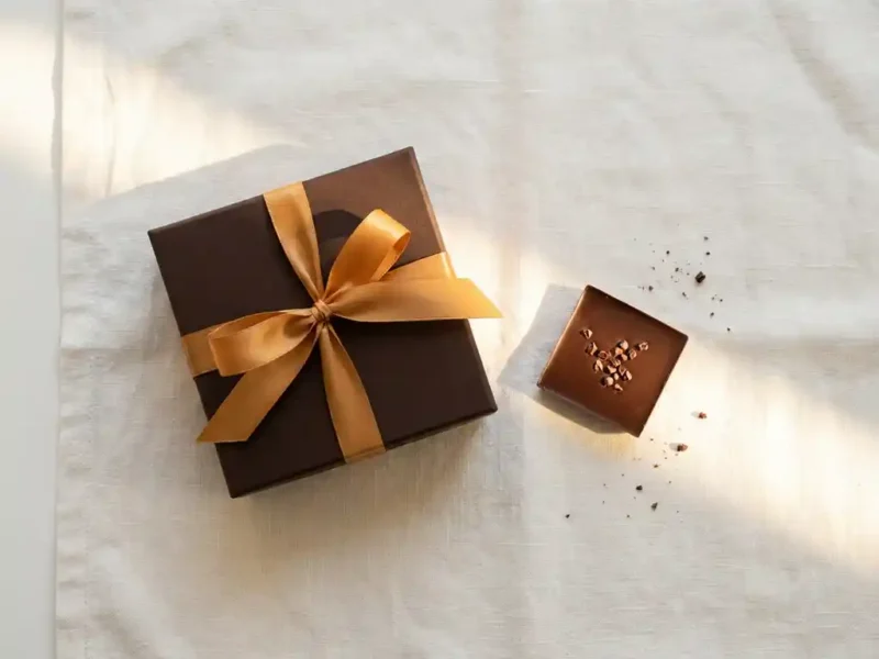 Luxueuze donkere chocoladegiftbox met karamelkleurig lint op crèmekleurig linnen, met één uitpakken chocolaatje ernaast.