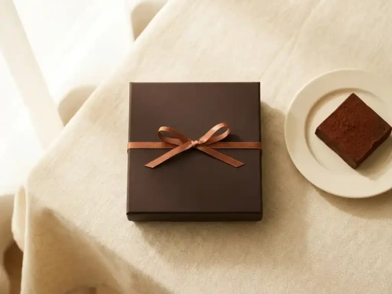 Luxe donkere chocolade geschenkdoos met satijnen lint op linnen ondergrond, met een los chocolaatje ernaast.