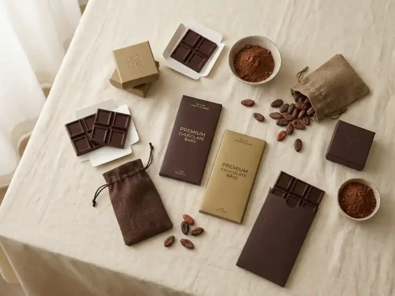 Bovenaanzicht van premium Belgische chocoladerepen en cadeaustukjes op linnen, met glanzende pure chocolade, cacaobonen en gouden accenten.