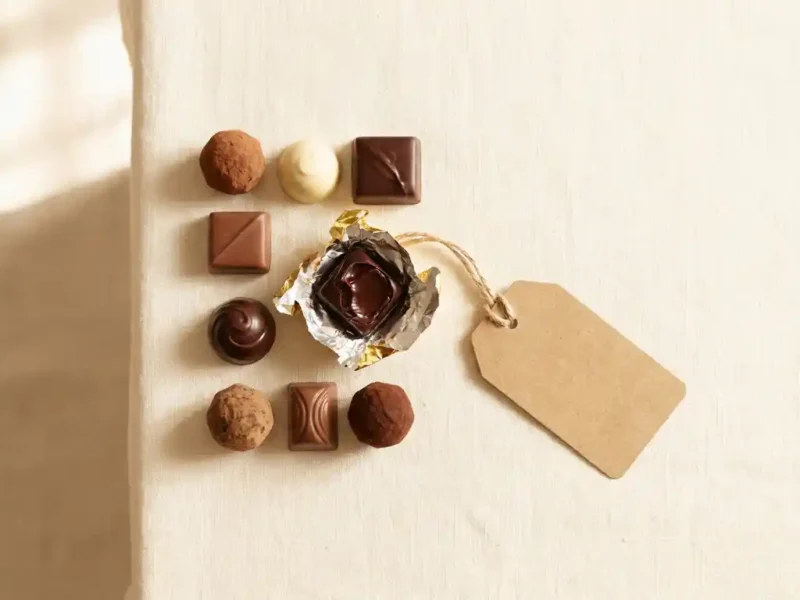 Belgische premium chocolaatjes op crème linnen, één stukje uitgevouwen met donkere chocolade, kraftlabel ernaast, zachte natuurlijke belichting.