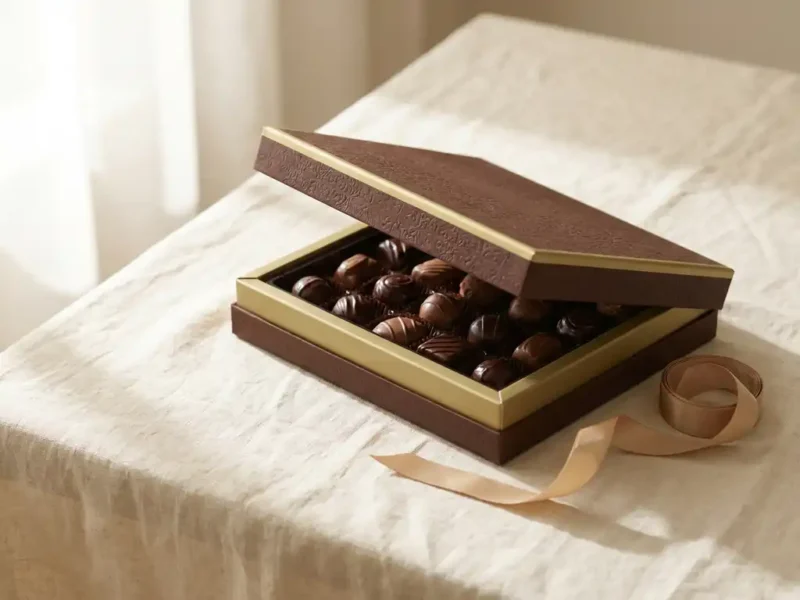 Elegante chocoladegiftbox met deksel op een kier, gevuld met glanzende Belgische bonbons op linnen ondergrond met satijnen lint.