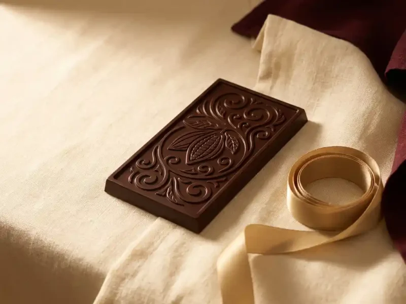 Luxe donkere chocoladereep met reliëfpatroon op crème linnen stof, gouden lint ernaast, minimalistisch en elegant.