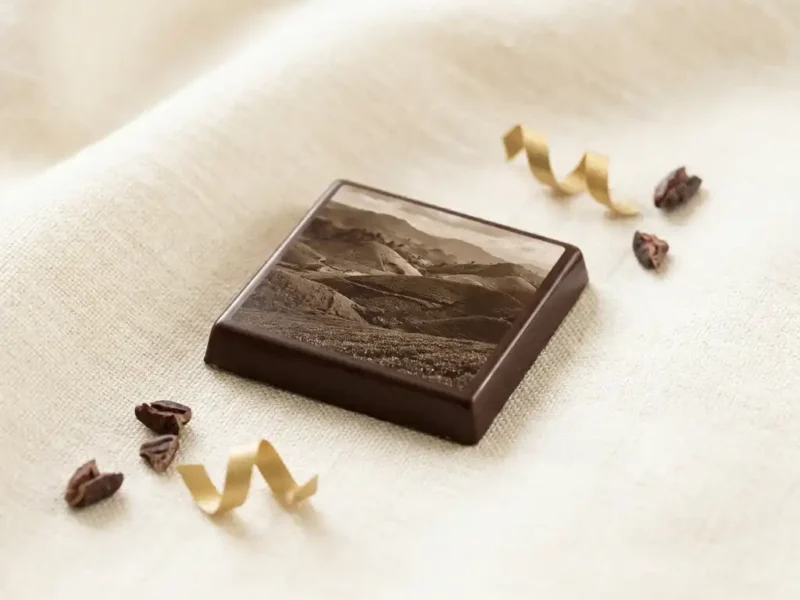 Vierkante pure chocolade met fotoprint op crème linnen doek, omringd door cacaonibs en gouden lintenkrullen.