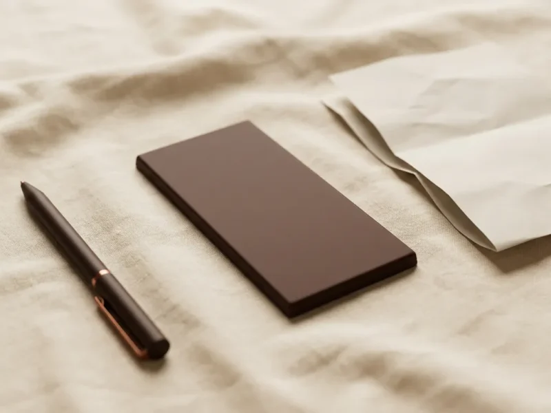 Donkere pure chocoladereep op crème linnen, omringd door een pen en verfrommeld papier, zacht diffuus licht.