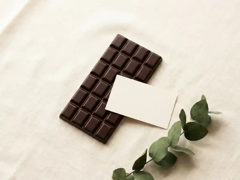 Glanzende pure chocoladereep op linnen ondergrond met een elegante herkomstkaart, gefotografeerd in zacht natuurlijk zijlicht.