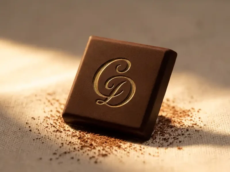 Donkere chocoladereep met reliëflogo op crème linnen ondergrond, bestoven met cacaopoeder in warm zijlicht.