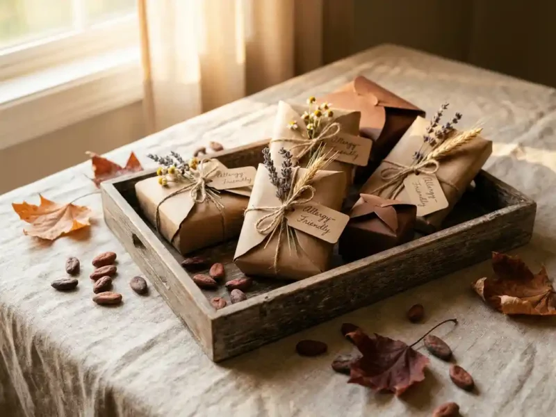 Rustieke houten dienblad met allergiевriendelijke chocoladecadeaus in kraftpapier, versierd met droogbloemen en cacaobonen.