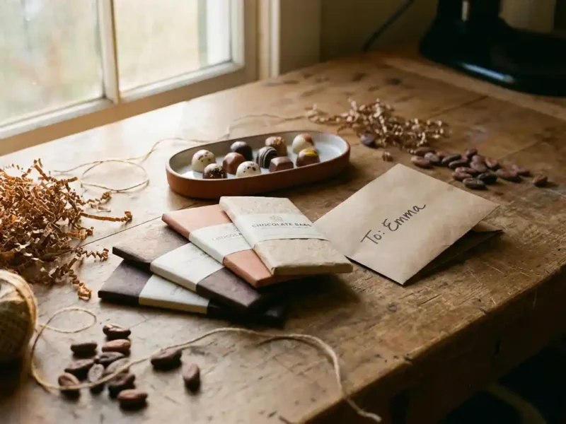 Ambachtelijke chocoladerepen en bonbons op een houten werkblad, met kraftpapier en een handgeschreven naamkaartje in warm goudkleurig licht.