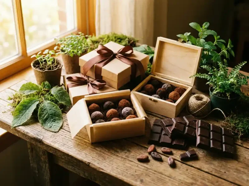 Handgefertigte Pralinenschachteln mit braunen Bändern zwischen frischen grünen Blättern auf einem Holzuntergrund, mit dunklen Schokoladenstückchen im Vordergrund.