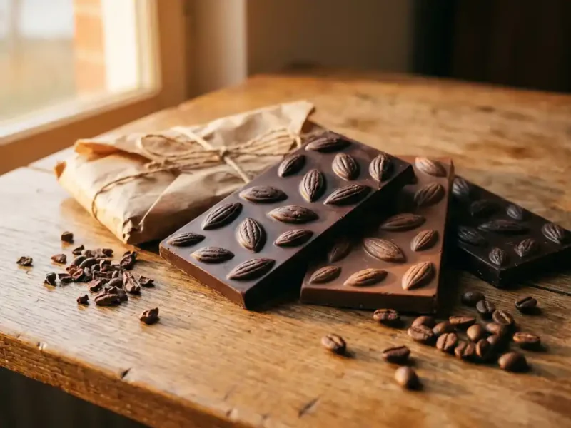 Ambachtelijke pure en melkchocoladerepen met cacaoboon-reliëf op eiken houten ondergrond, omringd door cacaonibs en koffiebonen.
