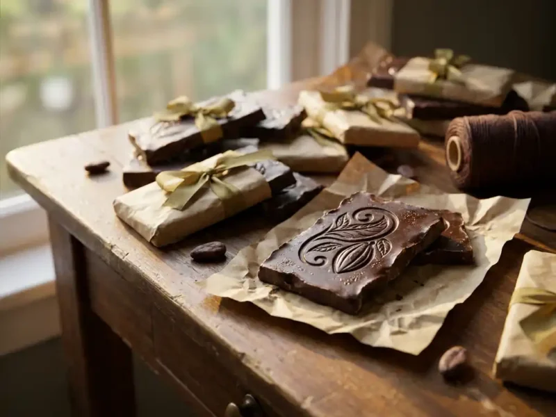 Ambachtelijke pure chocoladereep met reliëfpatroon op houten bureau, omringd door kraft papier en lint in warm goudkleurig licht.