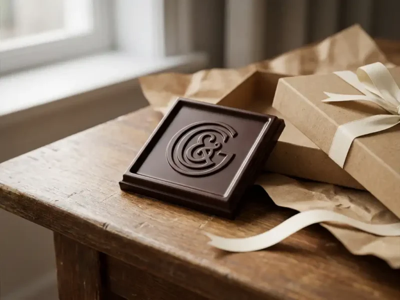 Belgische chocolade met bedrukt bedrijfslogo op houten bureau naast kraft cadeaudoos, zacht natuurlijk licht.