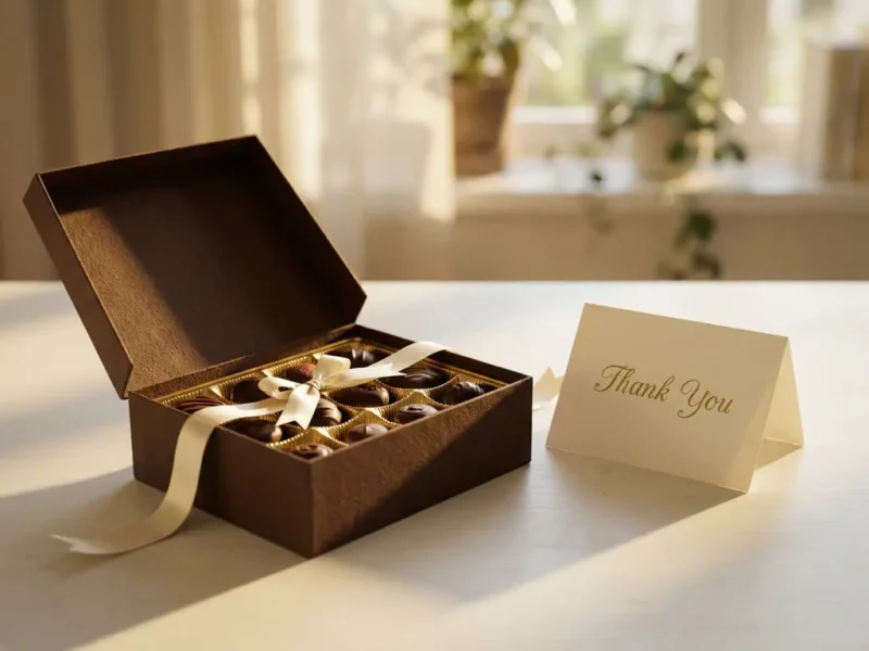 Eine elegante Schachtel mit belgischer Premium-Schokolade auf einem weißen Schreibtisch neben einer zusammengefalteten Dankeskarte, in warmem, goldenem Nachmittagslicht.