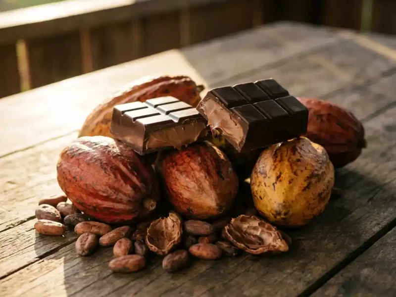 Gebroken Belgische chocoladereep op verse cacaopeulen, rustiek houten oppervlak met warm zijdelings licht.