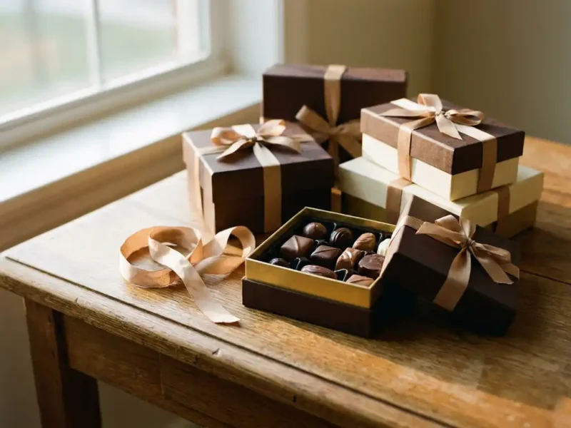 Elegante chocoladecadeaudozen op eiken bureau, één open met glanzende Belgische bonbons, kraftlint en zachte natuurlijke belichting.