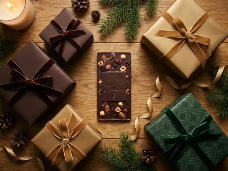 Vijf luxe verpakte chocoladecadeaudozen op eiken ondergrond met dennentakjes, goudlint en een gepersonaliseerde Belgische chocoladereep als middelpunt.