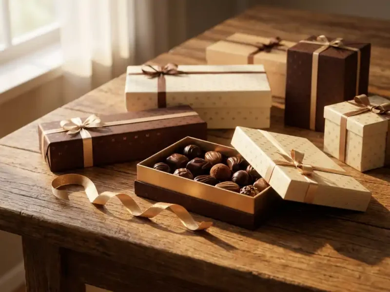Elegante chocoladegeschenkdozen op houten tafel, één geopend met glanzende Belgische bonbons en een gouden lint.
