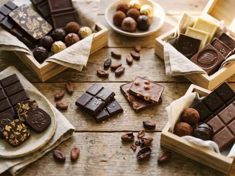 Belgische chocoladegeschenken op houten ondergrond, custom bedrukte bonbons met elegante designs, cacaobonen en rijke puur- en melkchocolade texturen.
