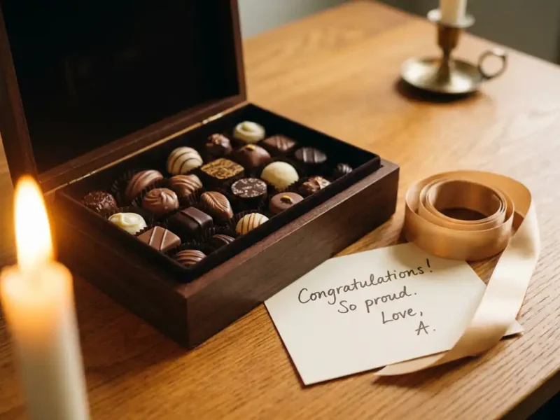Eine offene Schachtel mit belgischen Premium-Pralinen auf einem Schreibtisch aus Eichenholz, zusammen mit einer handgeschriebenen Glückwunschkarte und einem goldenen Band.