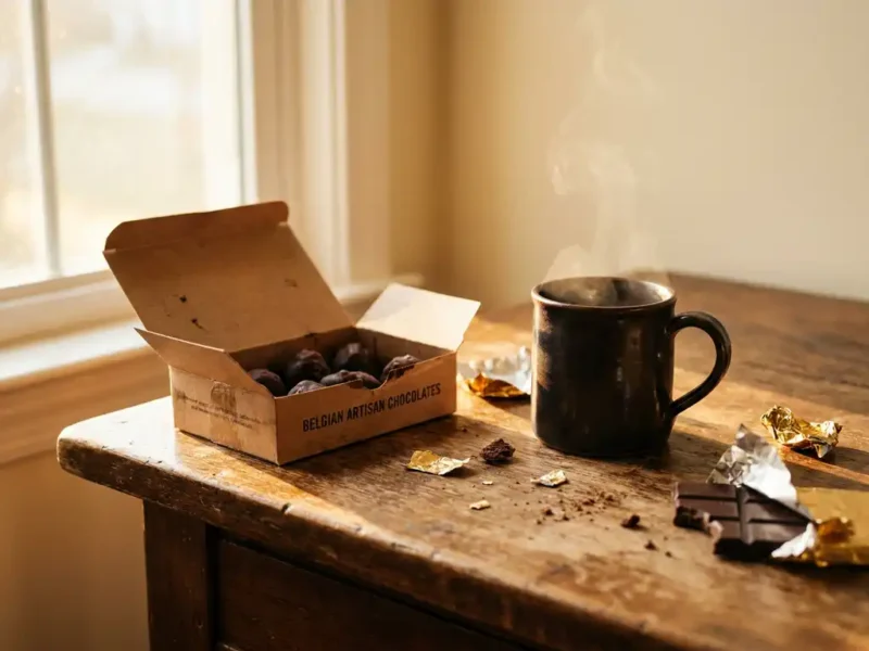 Open doosje Belgische bonbons en dampende koffie op rustiek houten bureau, omringd door chocoladekruimels in zacht ochtendlicht.