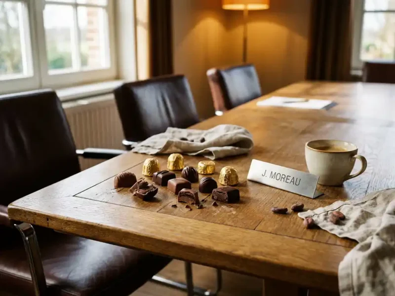 Belgische bonbons op een eiken vergadertafel, enkele opengebroken met donkere vulling, naast een naambordje en koffiekopje.