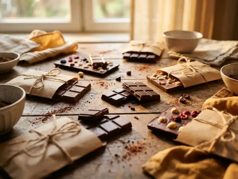 Belgische chocoladerepen op rustieke houten tafel met kraftpapieren zakjes, gebroken stukjes onthullen glanzend donker interieur, warm goudkleurig licht.