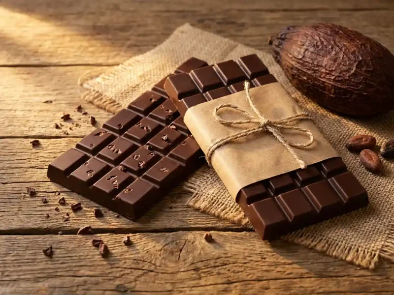 Twee Belgische pure chocoladerepen op rustiek houten oppervlak, één verpakt in kraftpapier met een cacaovrucht ernaast, zacht gouden zijlicht.