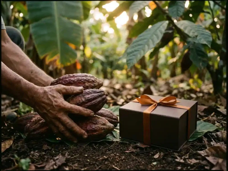 Verweerde boerenhand met verse cacaopeulen naast een elegante donkere chocolade-geschenkdoos op tropische plantage bij gouden-uurlicht.