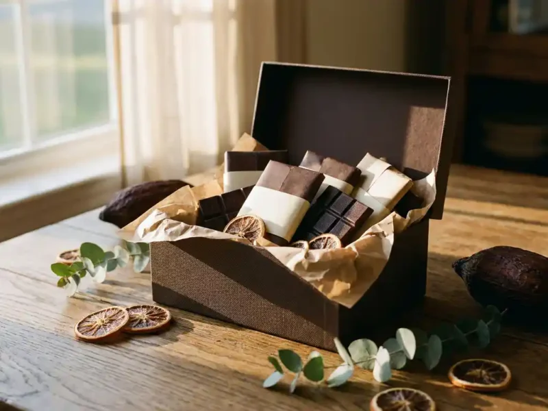 Luxe cadeaudoos gevuld met ambachtelijke pure chocoladerepen in kraftpapier, omringd door cacaopeulen en botanische elementen op eiken ondergrond.