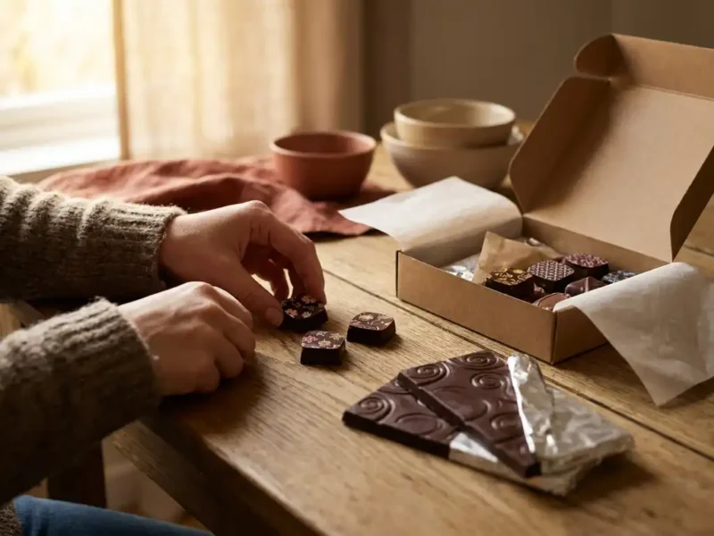 Handen die ambachtelijke Belgische chocoladestukken schikken op een rustiek houten bureau, met een kraft cadeaudoos op de achtergrond.