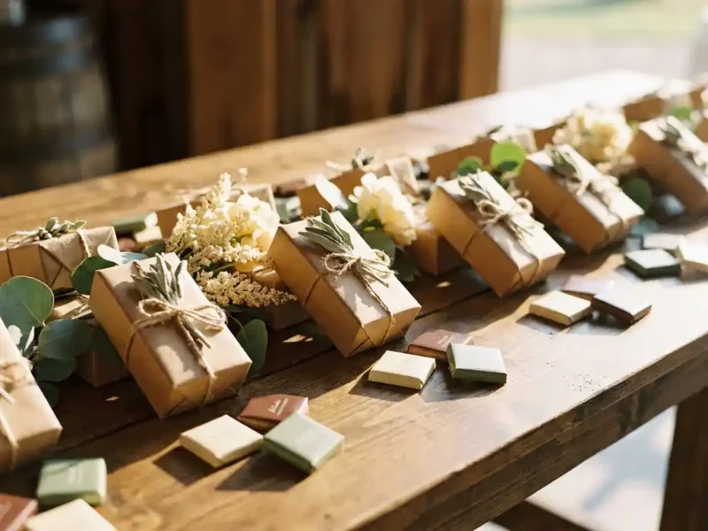 Chocolade huwelijksbedankjes in kraftpapier op rustieke houten tafel, versierd met bloemensprieten en gepersonaliseerde chocolaatjes.