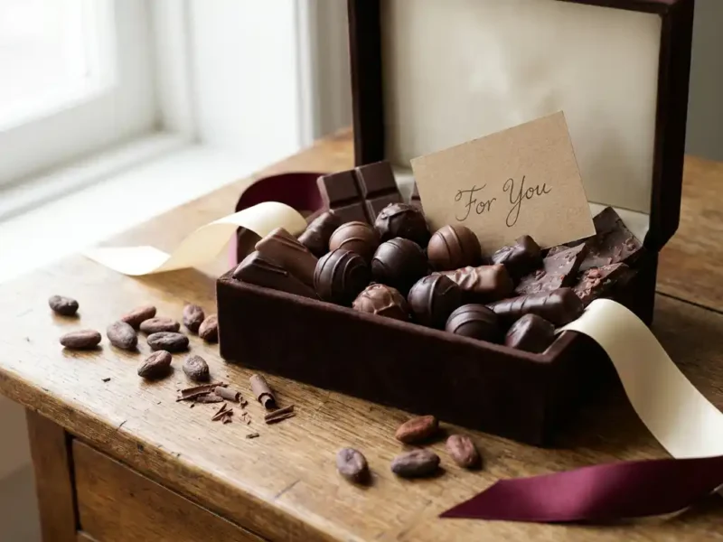 Elegante Geschenkbox, gefüllt mit Stücken aus Zartbitter- und Milchschokolade, einer handgeschriebenen Karte aus Kraftpapier und Kakaobohnen auf einem Holzschreibtisch.