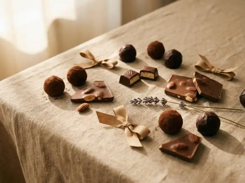 Luxe pure chocolade cadeaustukken op linnen ondergrond, gestileerd met kraftpapieren linten en een gedroogde bloem in warm zijlicht.