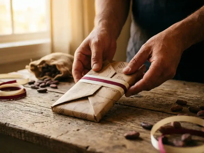 Handen die een ambachtelijk verpakte chocoladereep op een houten bureau plaatsen, met cacaobonen en lint ernaast.