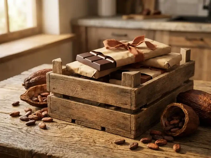 Rustieke houten krat met donkere chocoladerepen in kraftpapier, cacaopeulen en geroosterde cacaobonen op verweerd eikenhout.