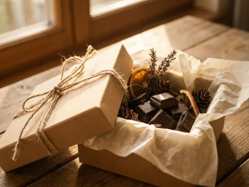 Halfuitgepakt chocoladecadeaudoos met kraftpapier en touw op hout, donkere chocoladestukken zichtbaar met gedroogde botanicals.