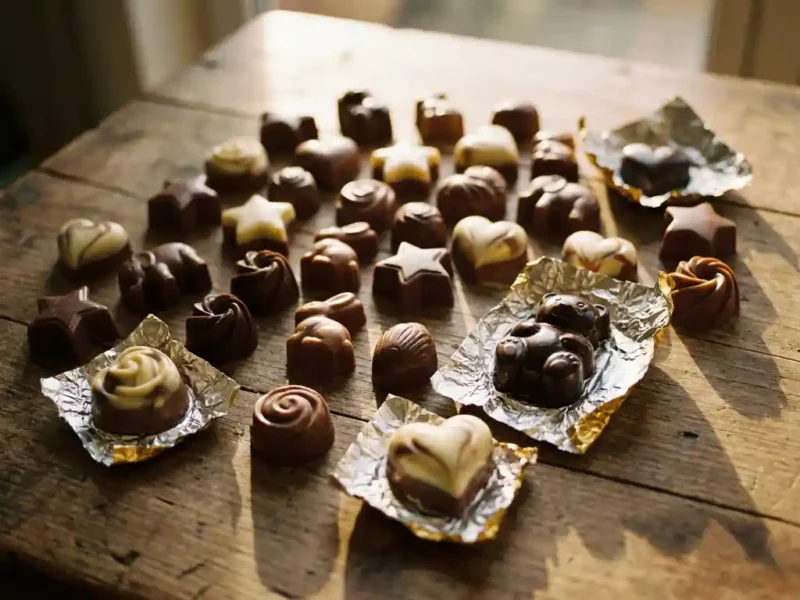Handgemaakte Belgische chocoladefiguren in vormen van sterren, harten en dieren op een houten ondergrond, verlicht door warm middaglicht.
