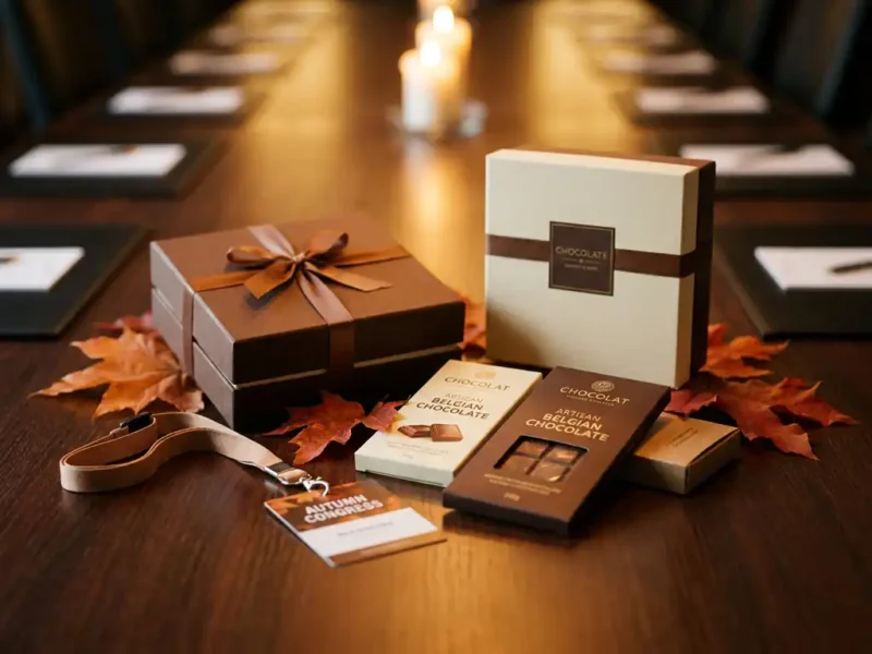 Elegante chocoladegeschenkdozen met op maat bedrukte Belgische chocoladerepen op een houten congrestal met herfstbladeren en een lanyard.